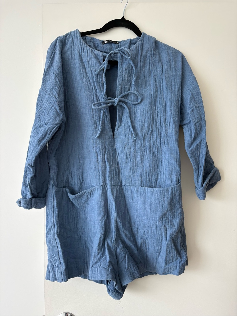 Zara Light Blue Gauze Tie-Front romper